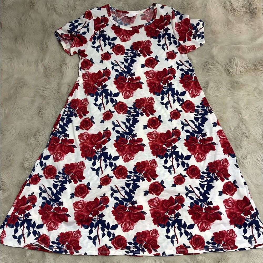 Lularoe White Floral Swing Dress with Red Roses